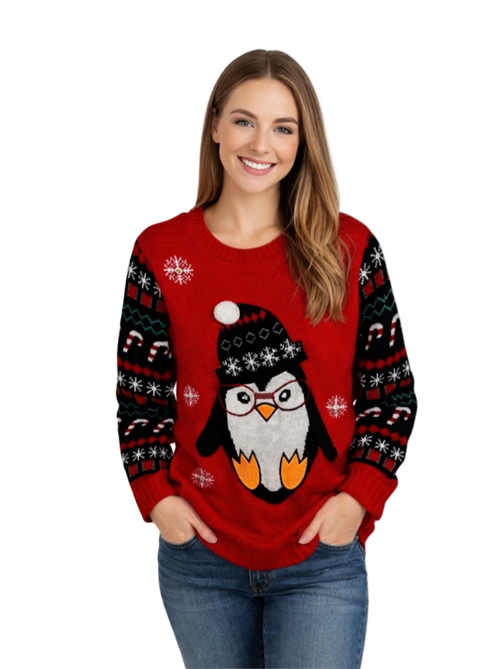 no boundaries festive holiday red and black penquin christmas sweater